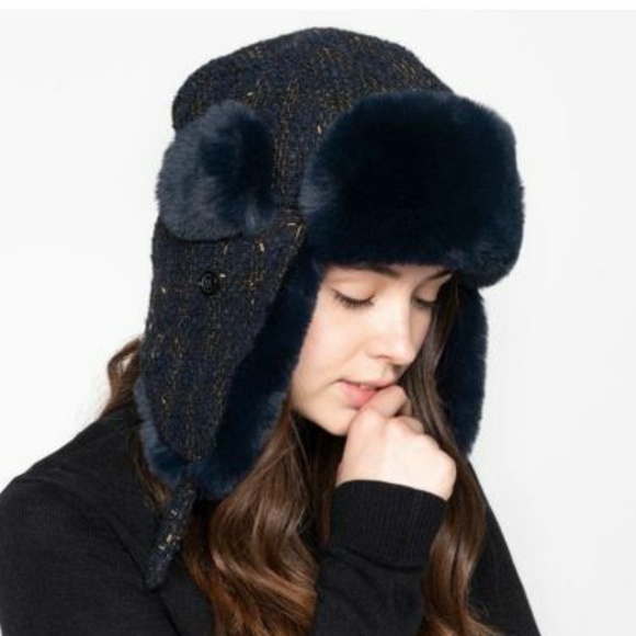 (NWT) INC International Concepts Navy Woven Shine Faux Fur Trapper OSFM - Picture 7 of 10